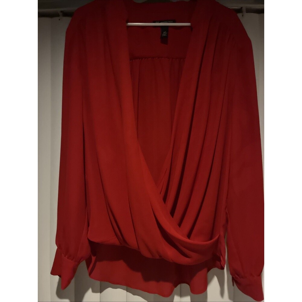 INC Red Wrap-Front High Low Blouse-long Sleeves-Red- 18W - Picture 2 of 9